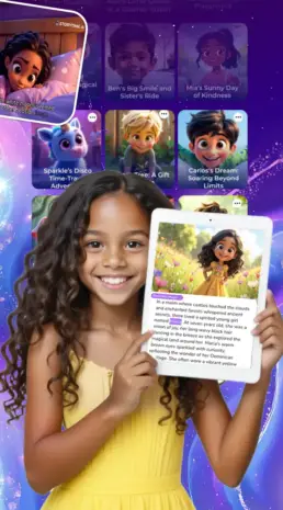 girl holding ipad with custom story of herself